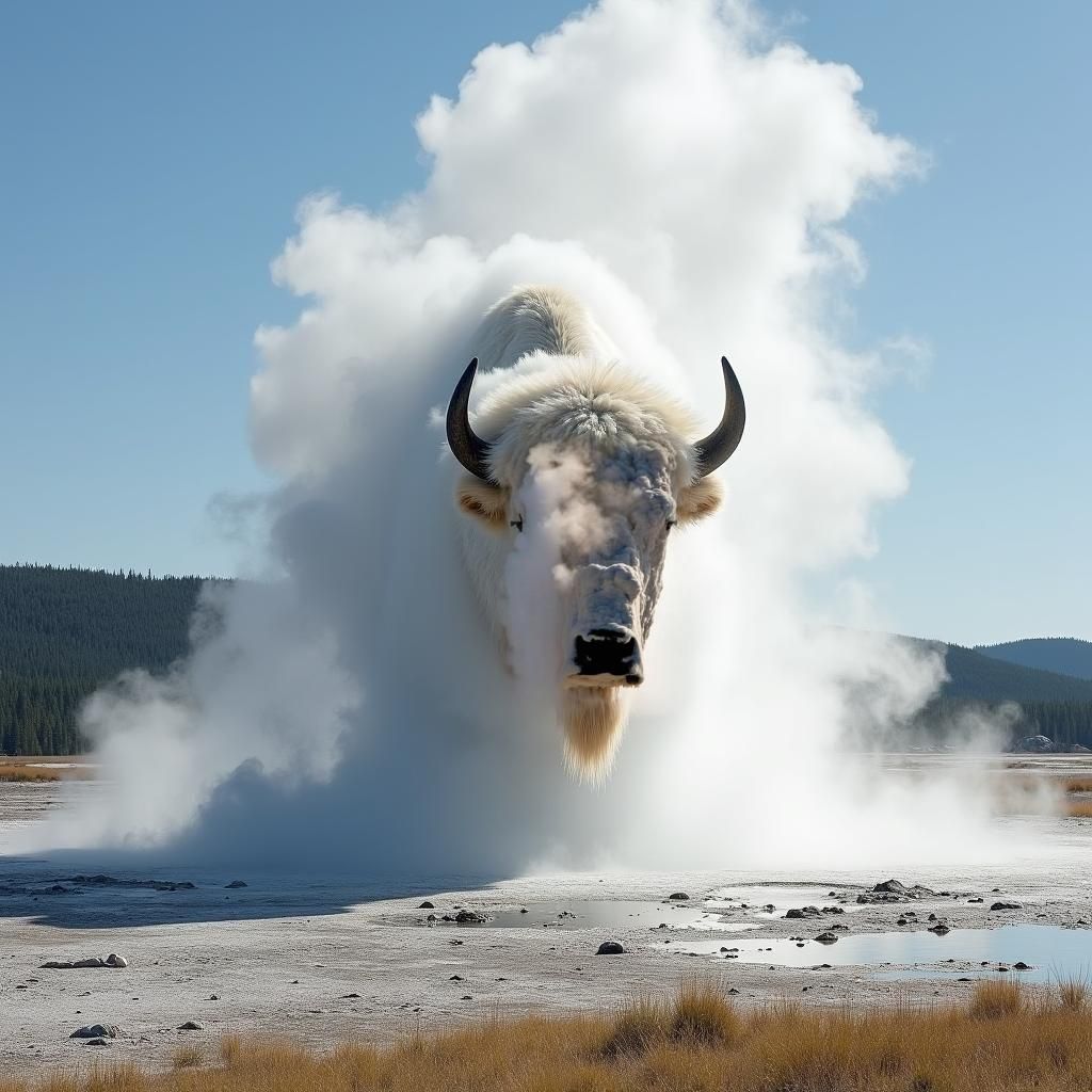 Old Faithful Geyser Eruption Creates Bison Head
