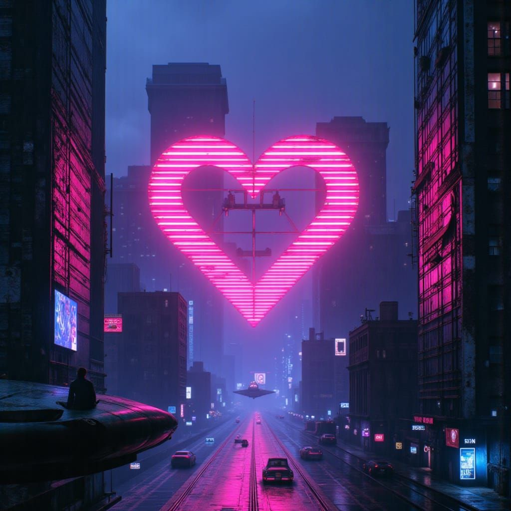 Glitching Neon Heart in Dystopian Metropolis