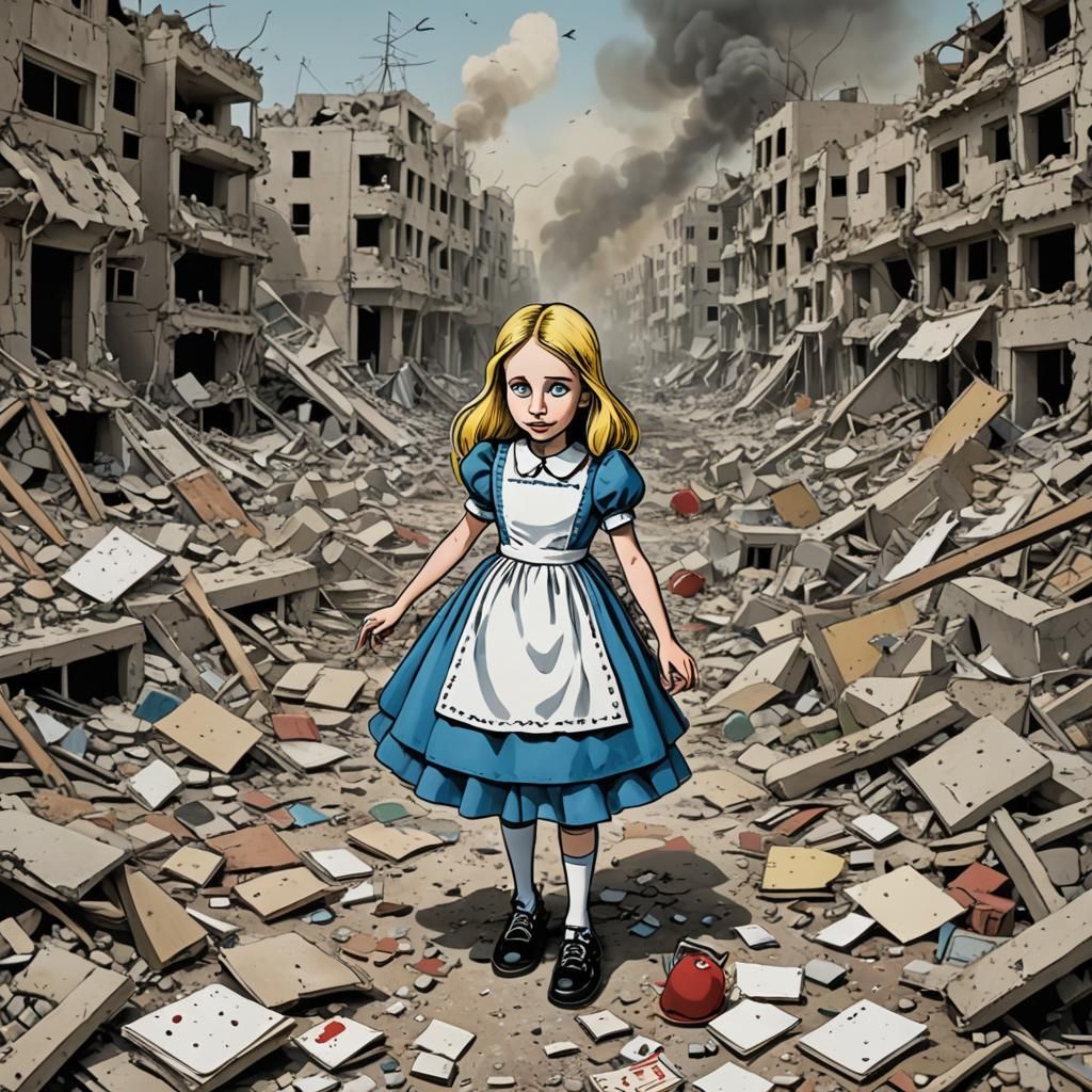 Cartoon Alice in Bombed-Out Gaza