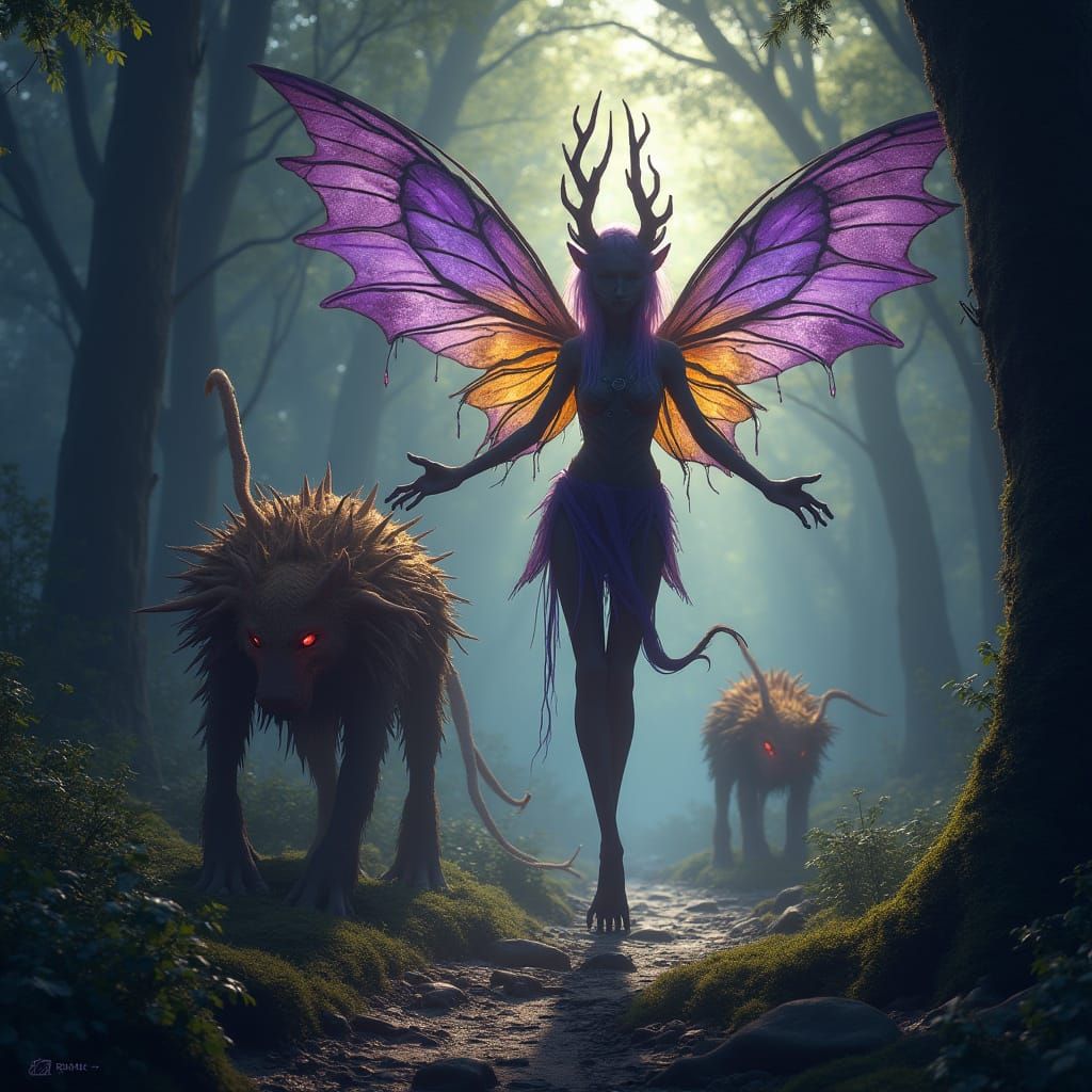 Mystical Creatures in Haunting Forest, Dark Fantasy Art