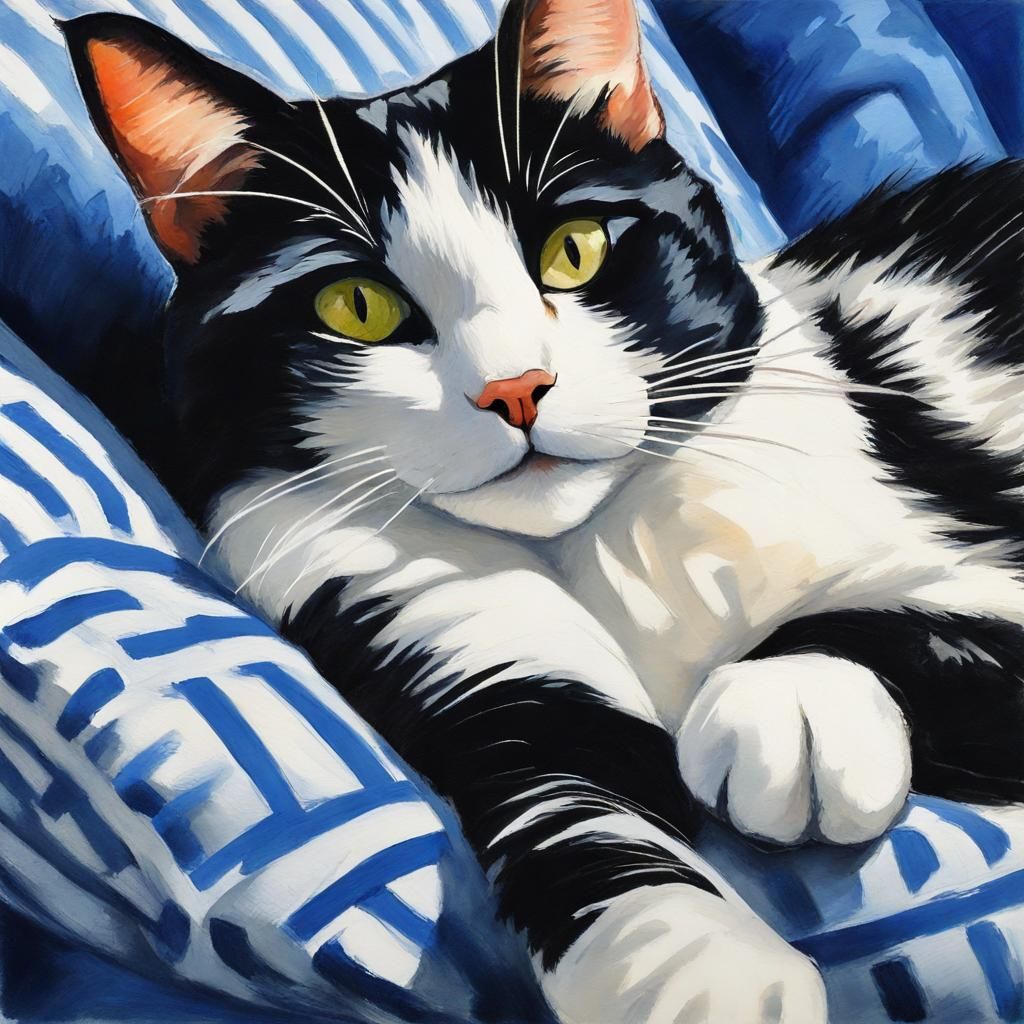 Black and White Cat on Pillow in Gouache Style