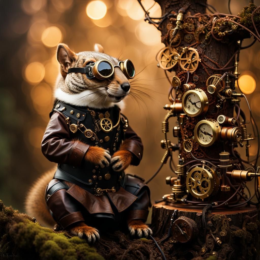 Steampunk Squirrel Nutkin in Misty Clockwork Forest