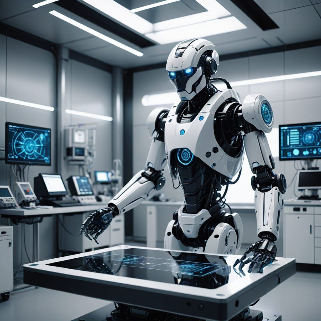 Sleek Futuristic Robot Assembles Human in Advanced Laborator...