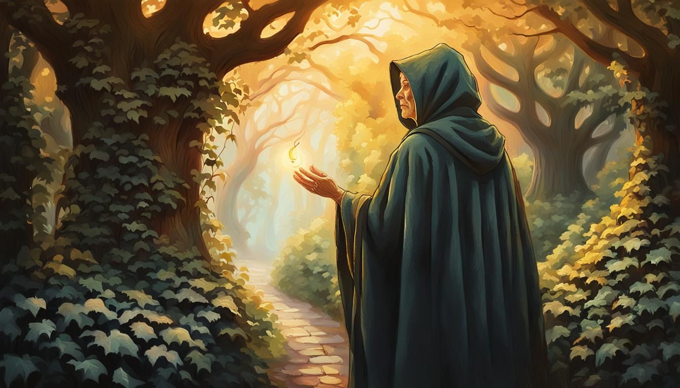 Elderly Woman Casting Spell as Mystical Oil Painting