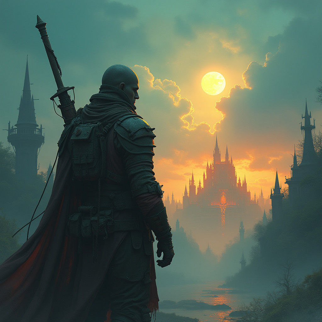 Heroic Soldier in Dreamlike Cityscape