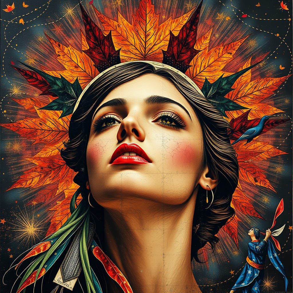 Cyberpunk Lady Liberty with Maple Leaf in Kaleidoscope Style