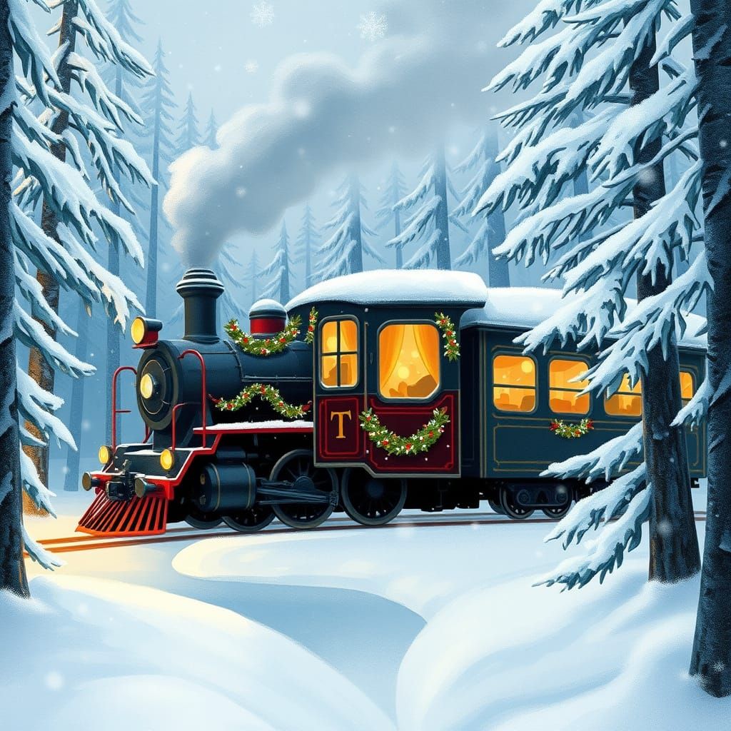 Festive Train in Snowy Forest Storybook Illustration