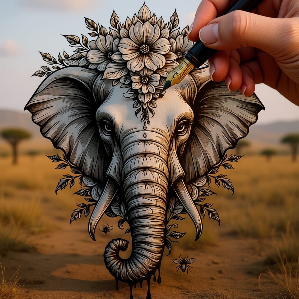 Intricate Elephant Design with Floral and Ink Details