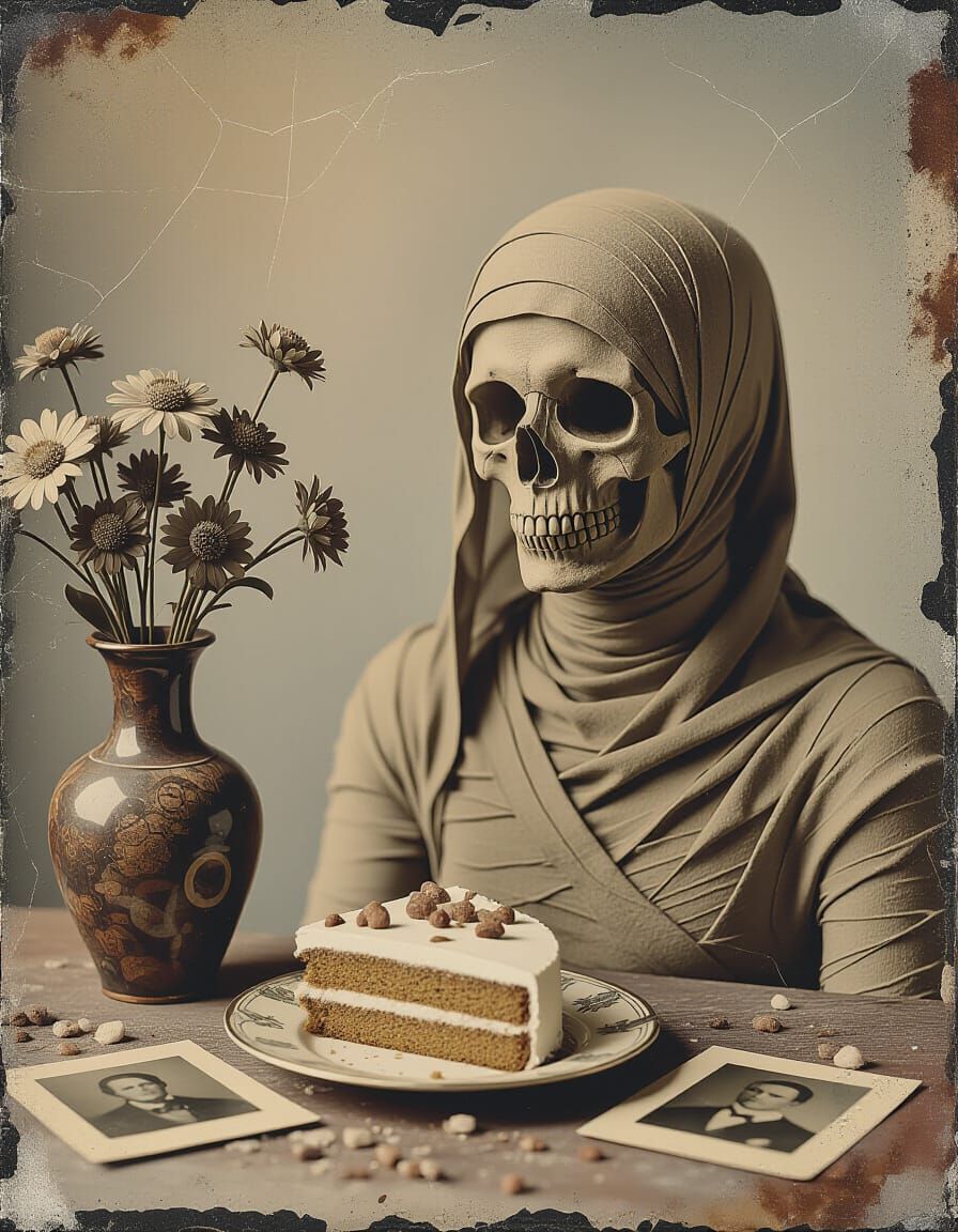 Eerie Mummy with Dessicated Cake in Vintage Daguerreotype St...