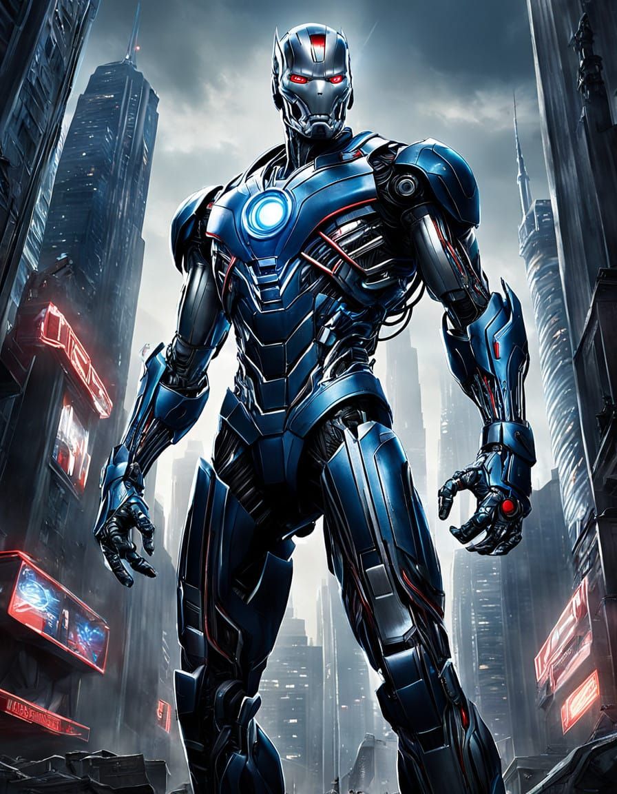 Cyberpunk Vision of Ultron Menacing Avengers Tower