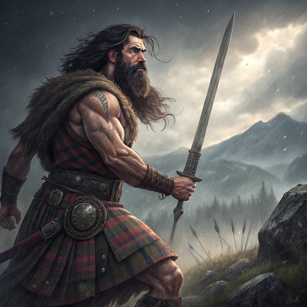 Scottish Warrior Ready for Battle in Highland Mist