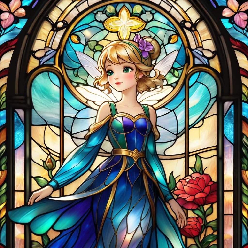 Stained Glass Tinkerbell with Art Nouveau Frame