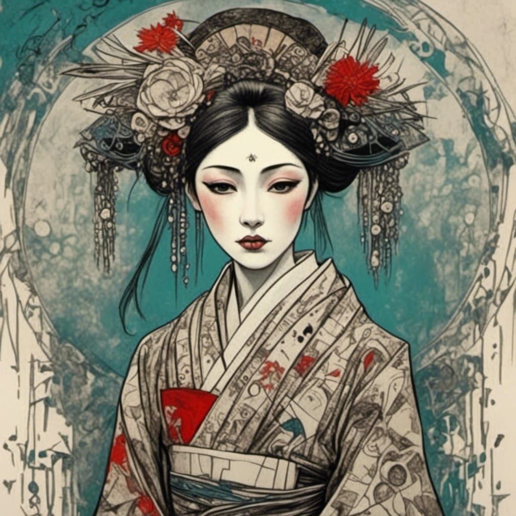 Geisha in Harry Clarke's Art Nouveau Style