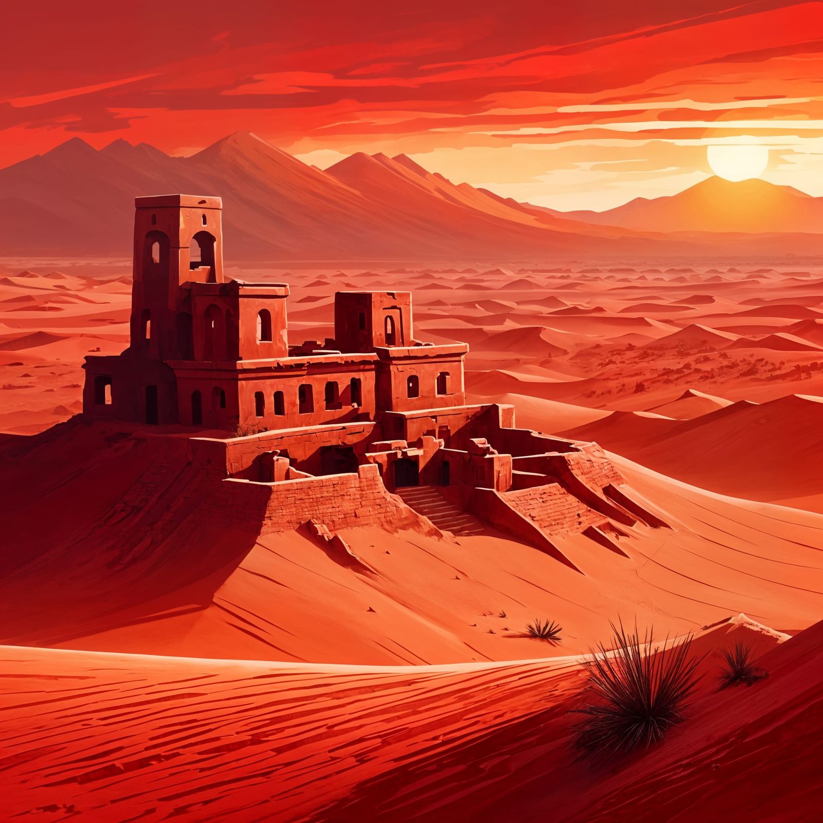 Desert Ruins Under Intense Sun, Expressionist Style