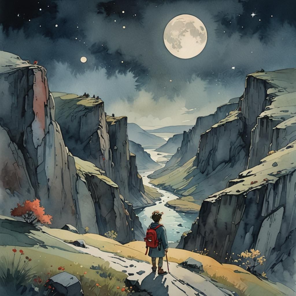 Boy Adventurer Under Giant Moon: Watercolor Painting