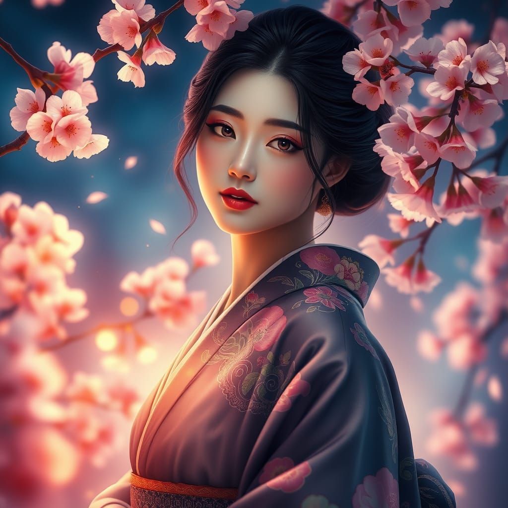 Serene Japanese Woman in Vibrant Cherry Blossoms