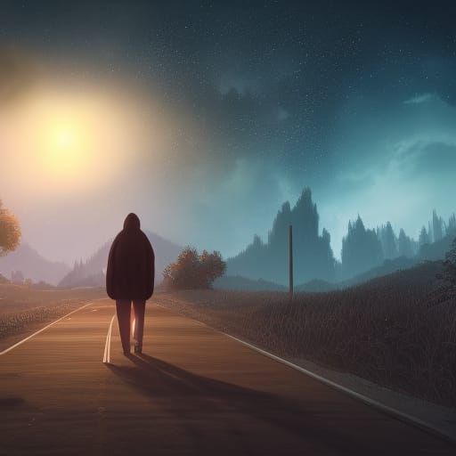 Man Walks Under Night Sky: Fantasy Concept Art
