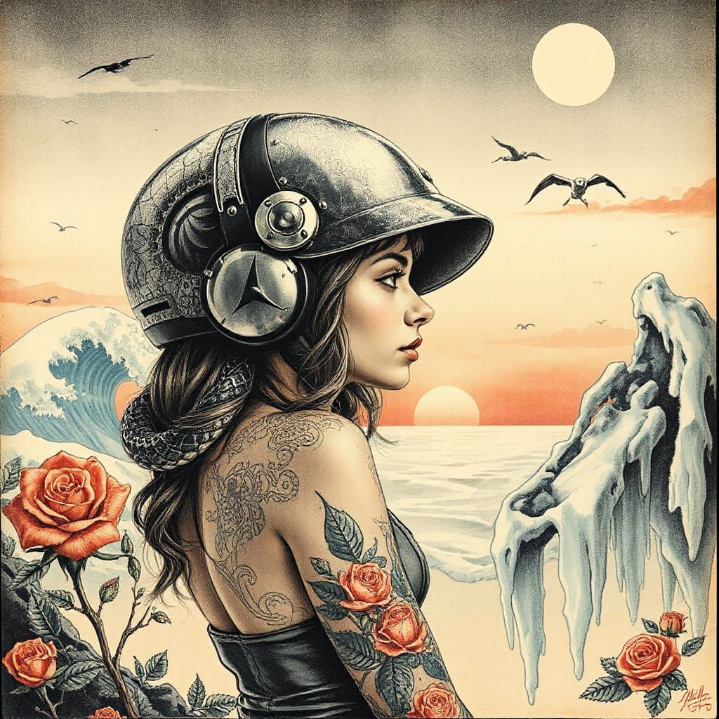 Tattoo Art: Woman's Summer Drawing in Charcoal Style