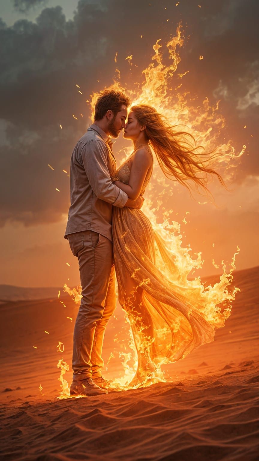 Flaming Figures Embrace in Desert Landscape