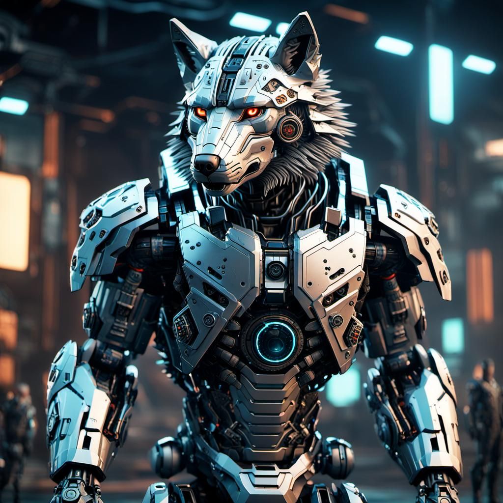 Cybernetically Enhanced Soldier and Wolf in Sci-Fi Setting