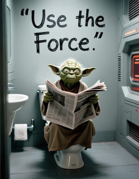 Yoda on Toilet in Spaceship Bathroom