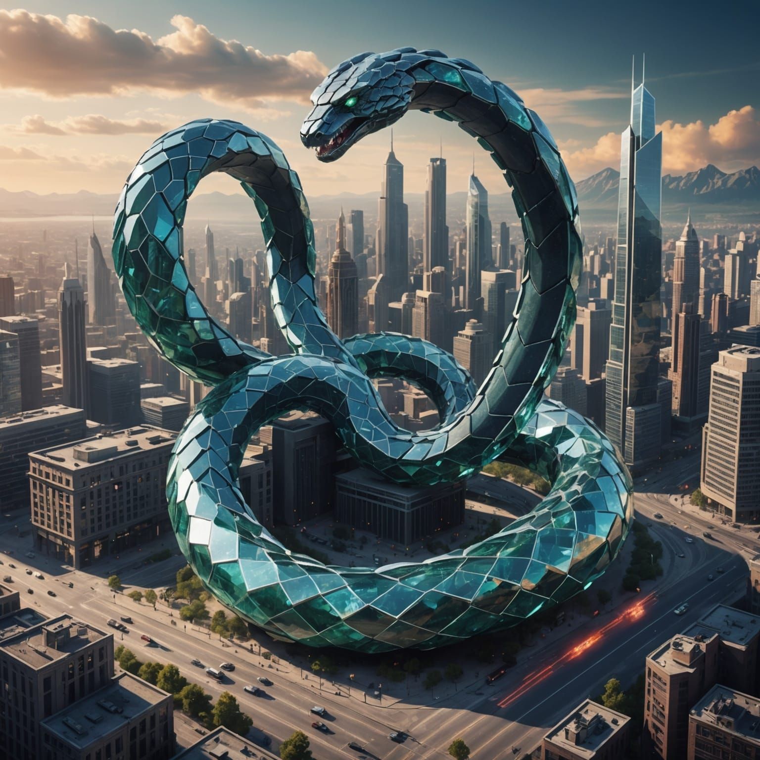 Sci-Fi Crystal Snake Destroys Future City