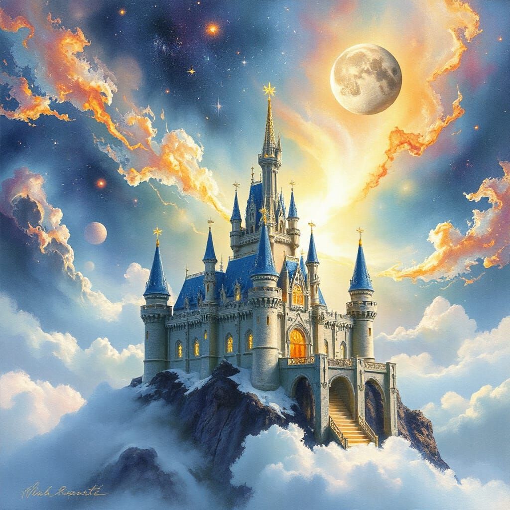 Dreamlike Castle in Nebula, Watercolor Style
