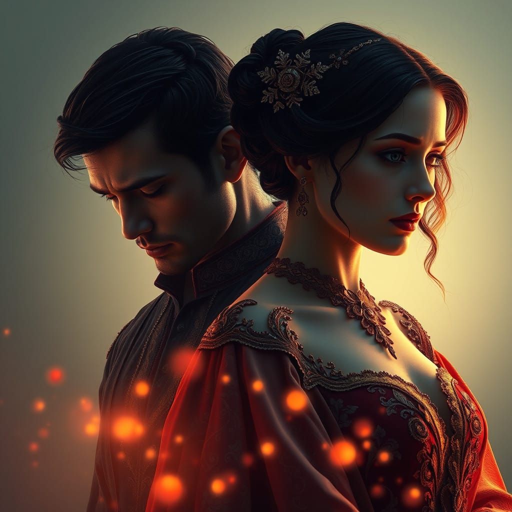 Longing Couple in Flowing Attire, Soft Gradient Background,...