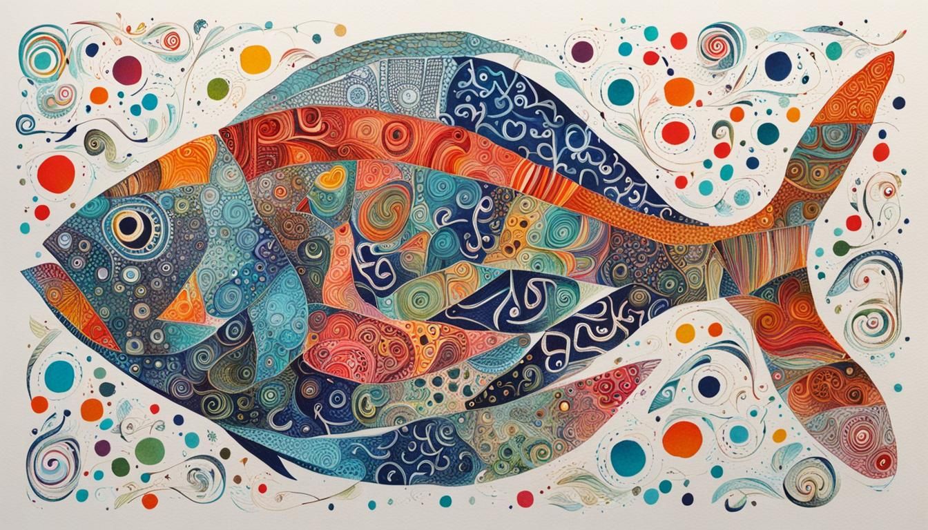 Vibrant Typographic Zentangle Fish and Cat Design