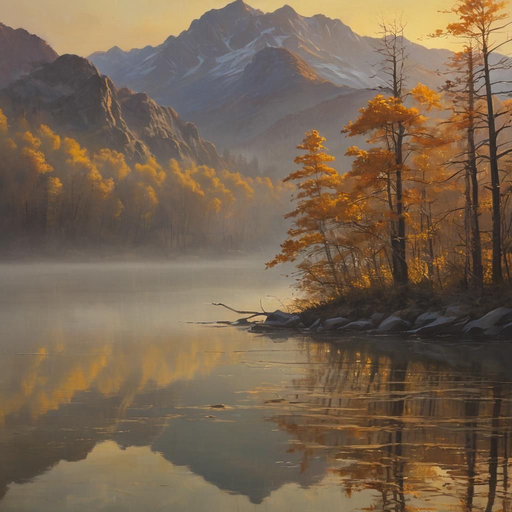 Sunrise Over Mountain Lake as Oil Painting