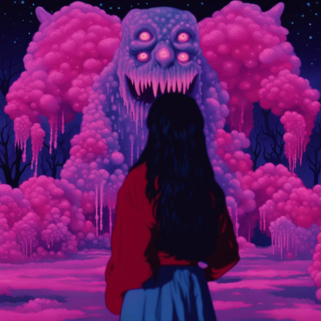 Dreamy Dark Fantasy Film Still in Vaporwave Aesthetic
