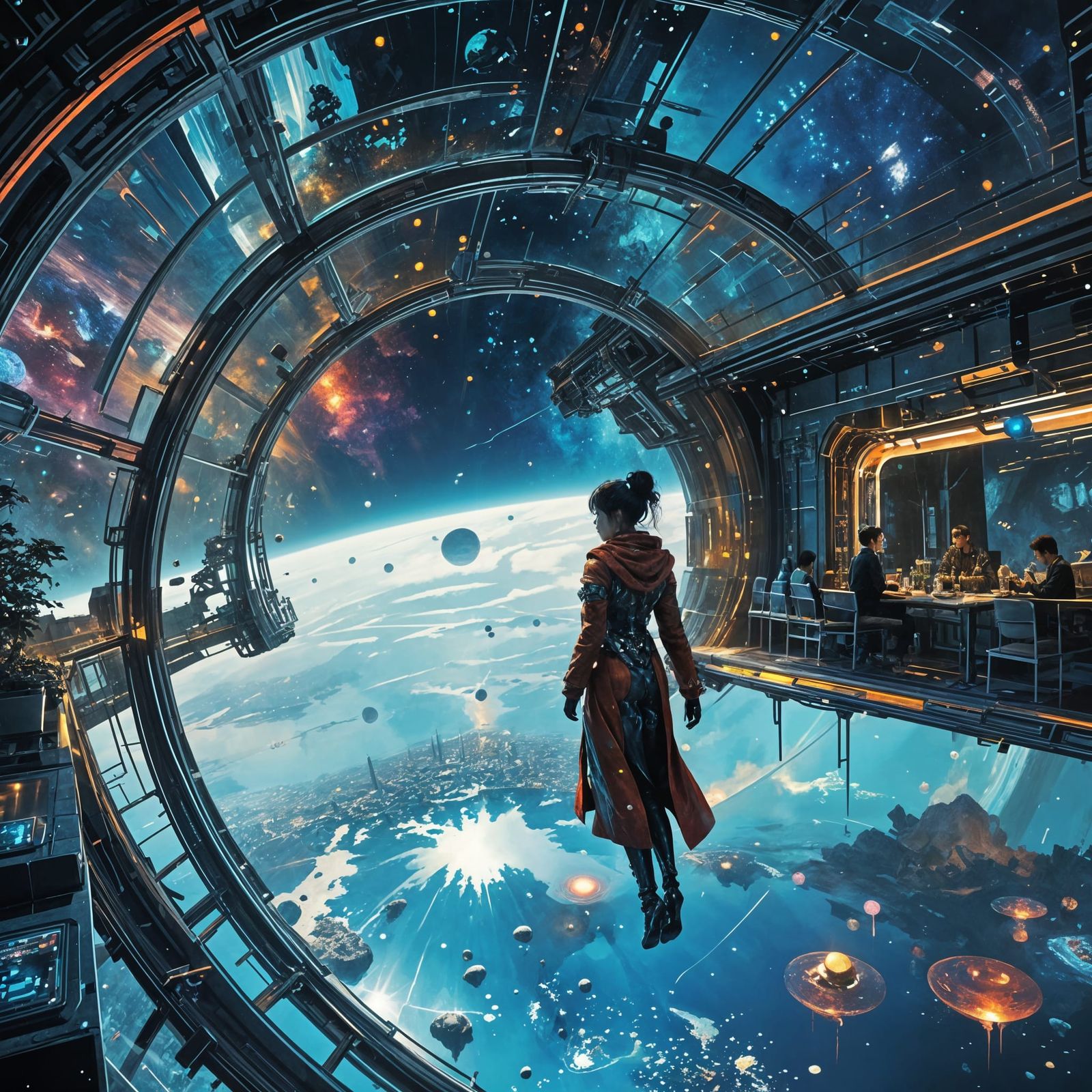 Zero-Gravity Cafe in Futuristic Space Station