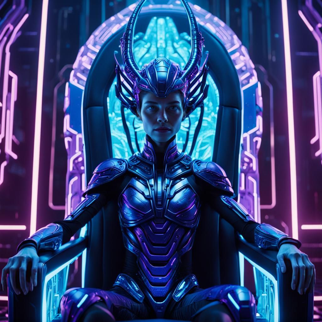 Alien Queen on Hi-Tech Throne in Sci-Fi Palace