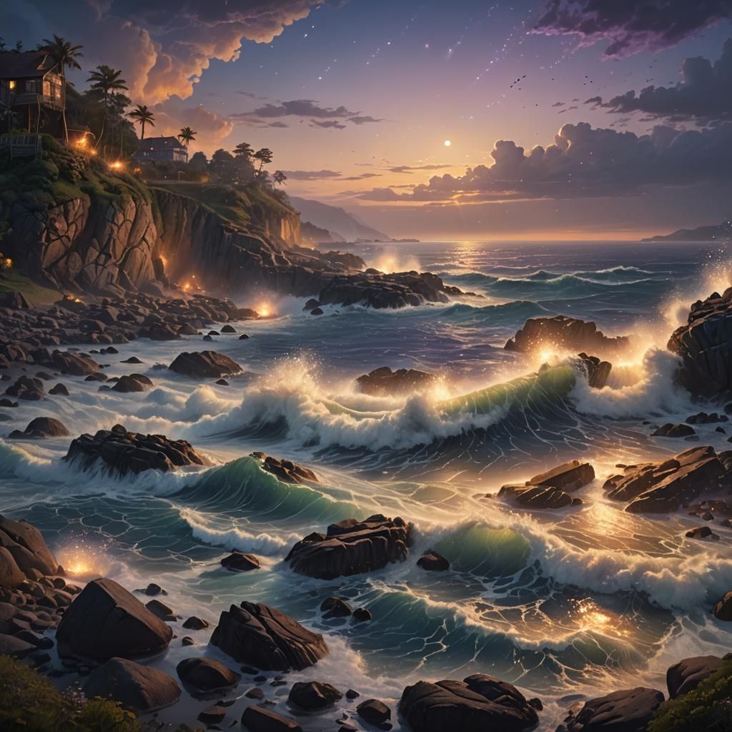 Rocky Coastline with Fireflies: Fantasy Concept Art
