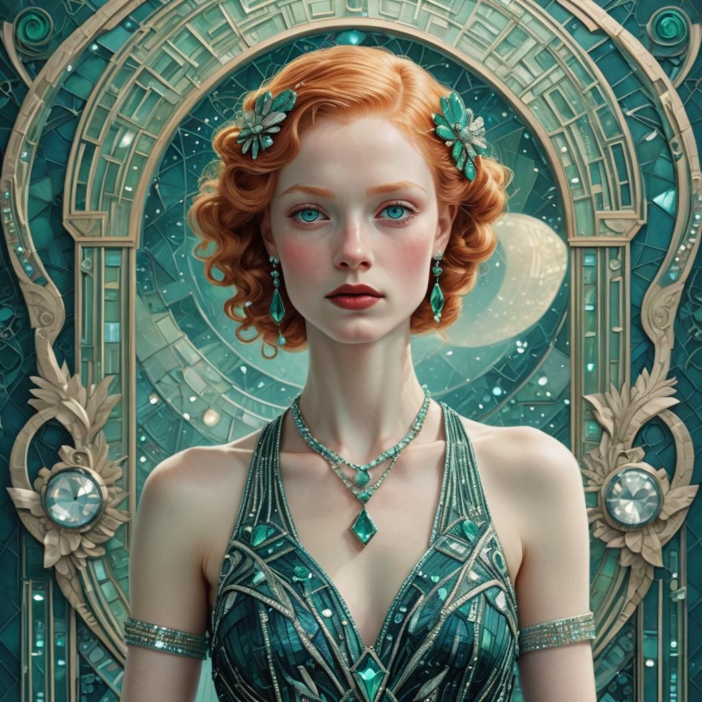 Art Deco Redhead with Emerald Jewels
