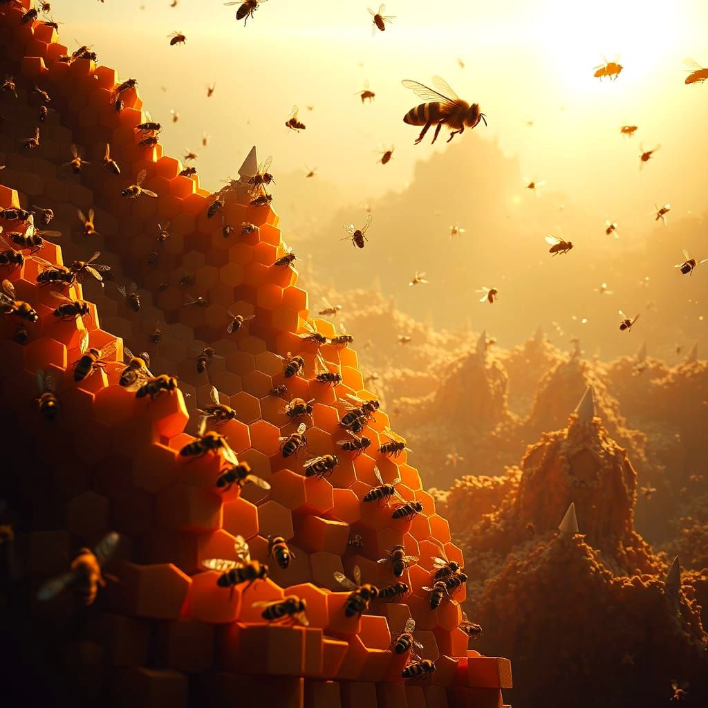 Bees Constructing Hexagonal City Using Pencils