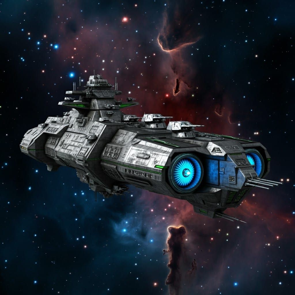 Colossal Space Warship Amidst Swirling Nebula