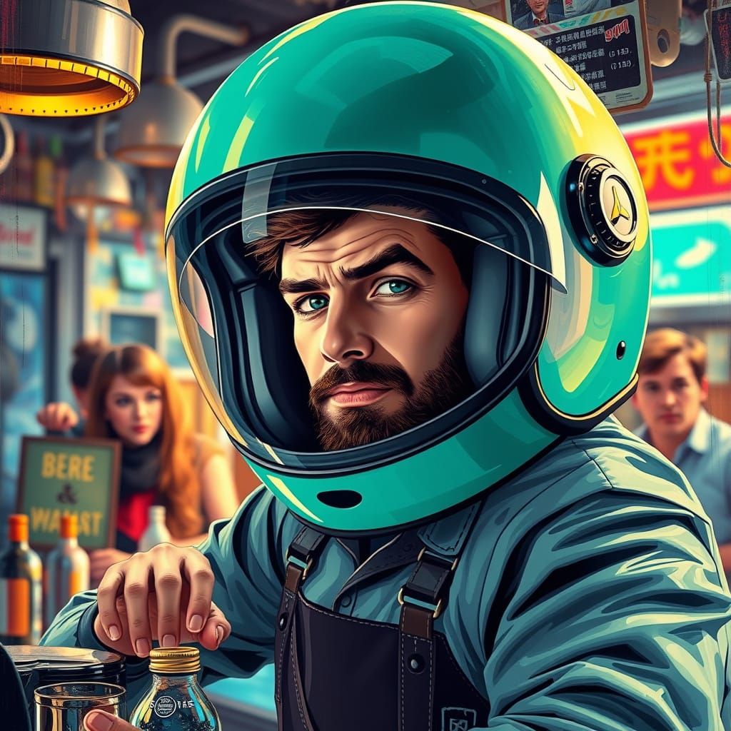 Bartender Inside a Vibrant Teal Motorcycle Helmet