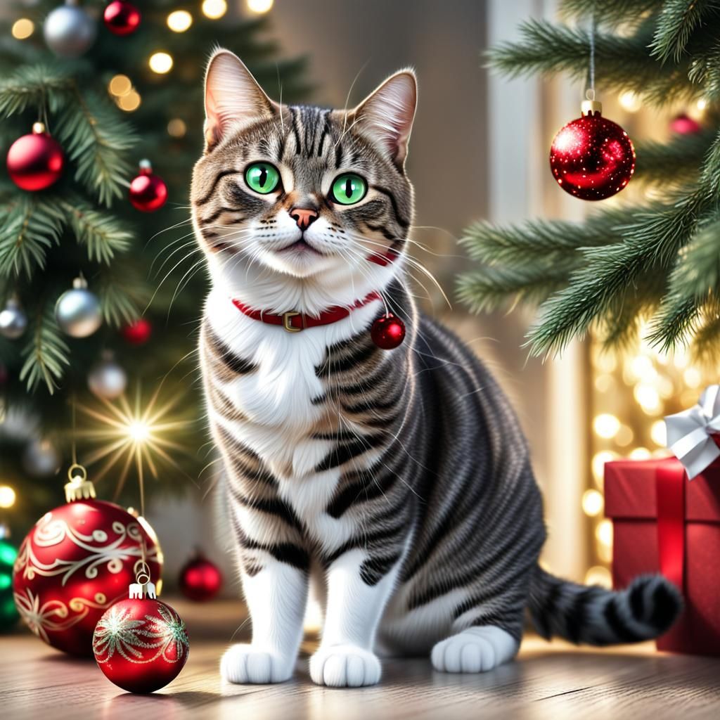Cartoon Tabby Cat Plays With Christmas Ornament