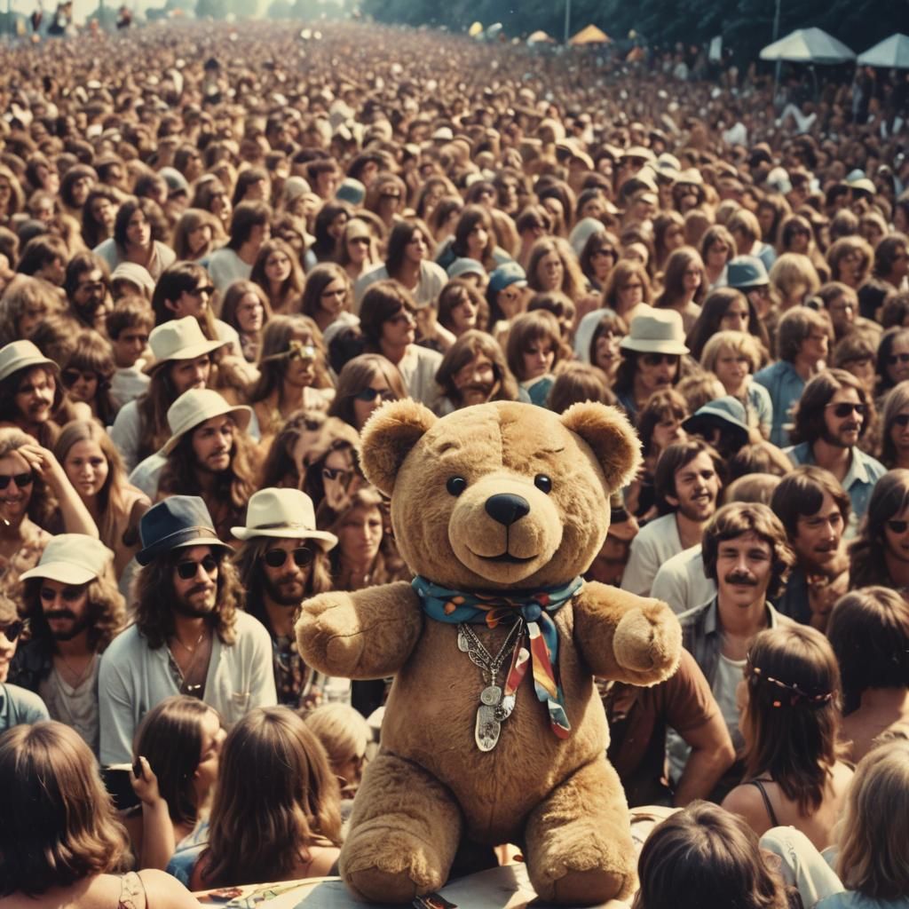 High Hippie Teddy Bear at Woodstock in Polaroid Style