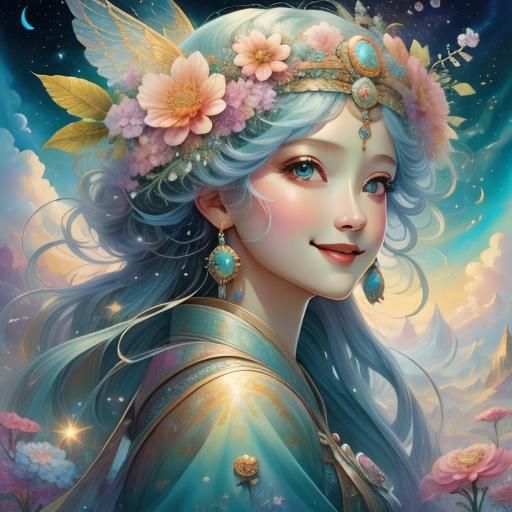 Summer Goddess with Cheerful Smile in Fantasy Style