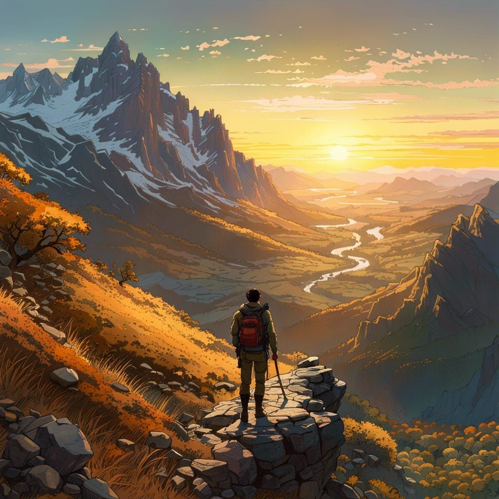 Hiker at Golden Hour: A Fantasy Masterwork