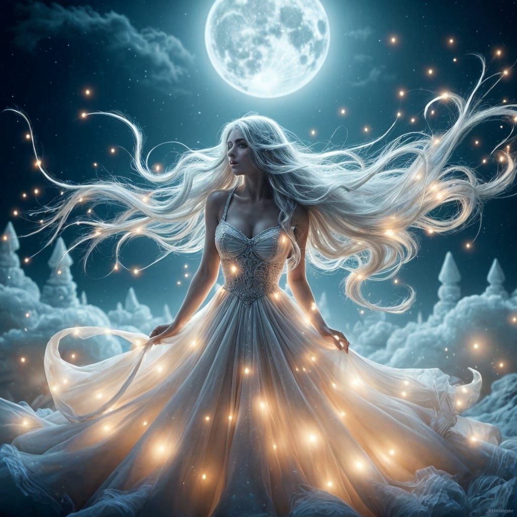 Ethereal Princess in Silver Landscape Under Moonlight