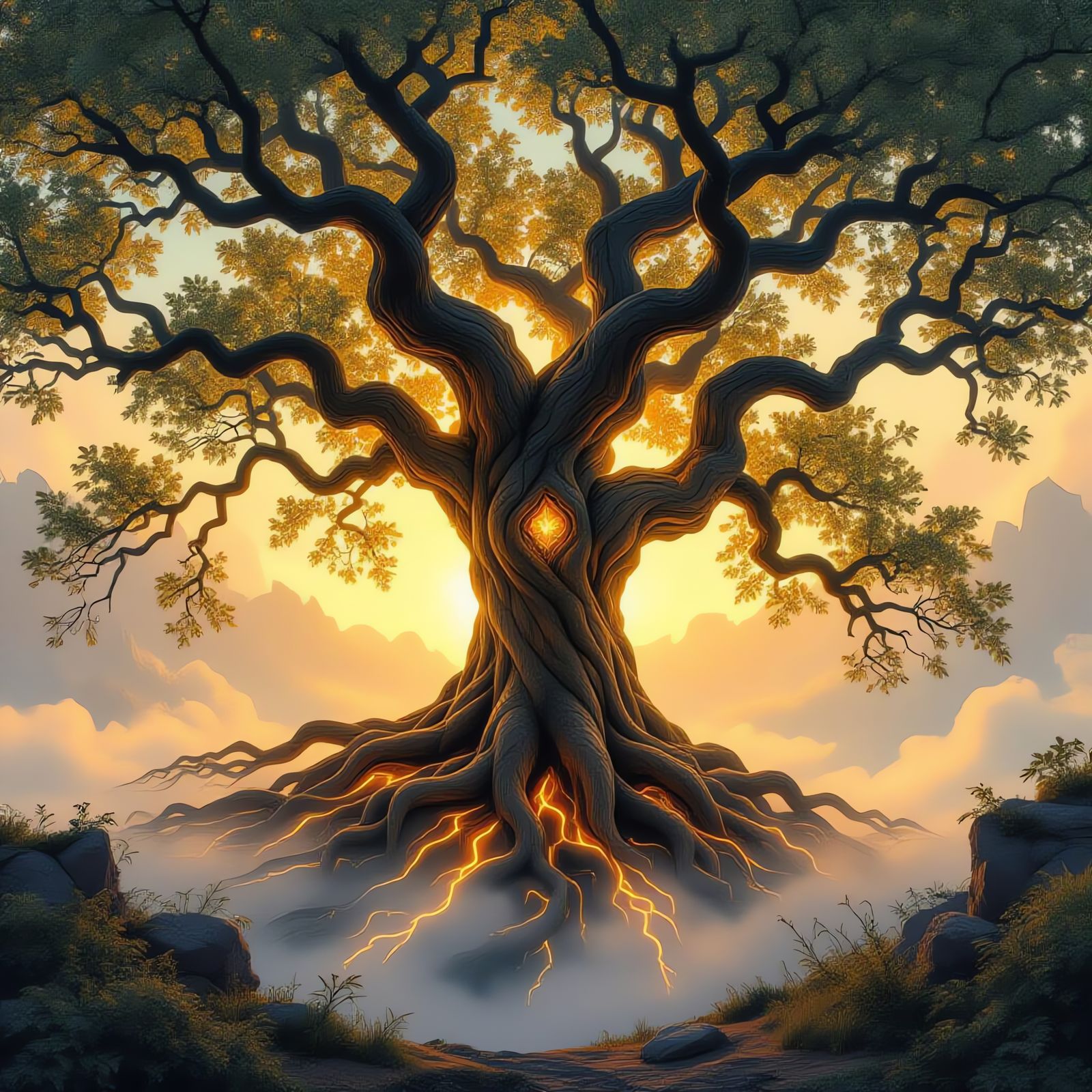 Glowing Ancient Oak in Golden Light