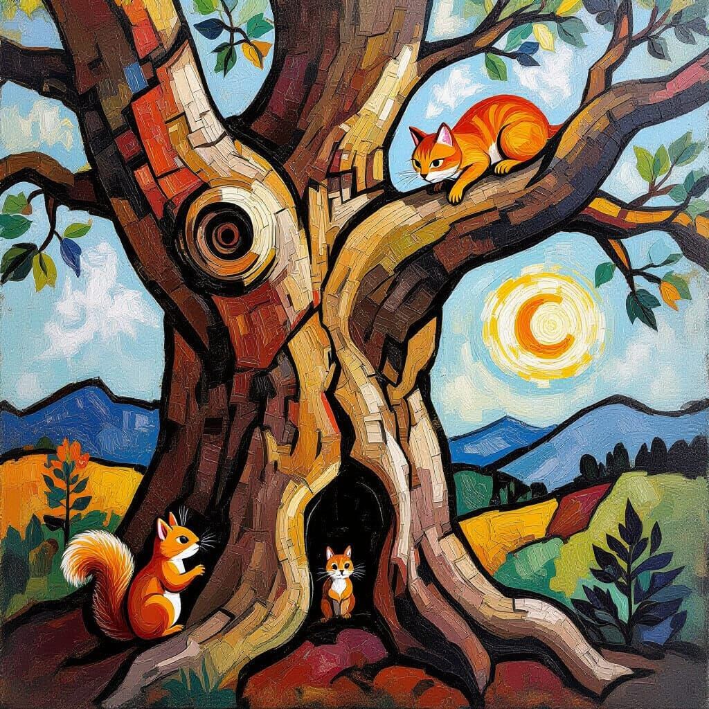 Rustic Tree with Cat and Squirrel, in Picasso Style