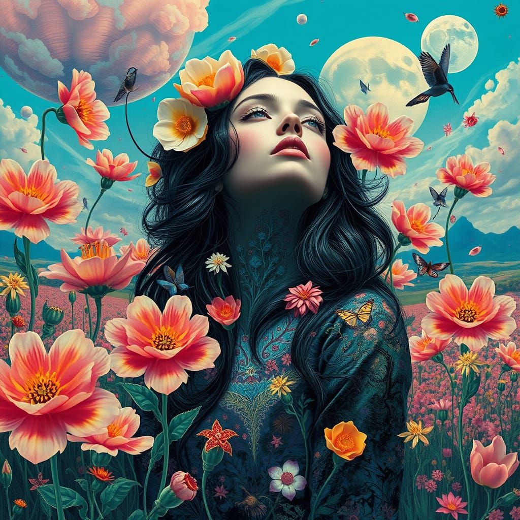 Dreamlike Woman in a Surreal Digital Flower Collage
