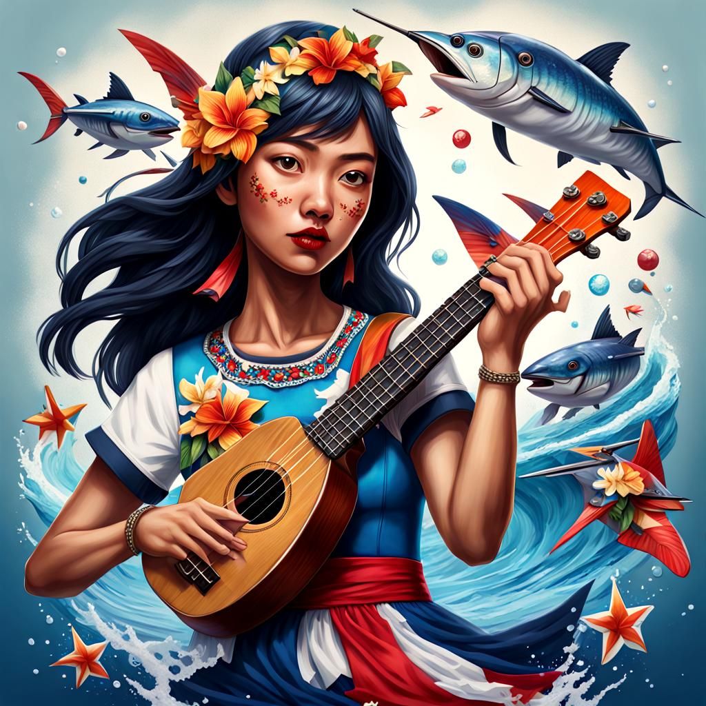 Filipina Girl Playing Airplane Ukulele Splash Art