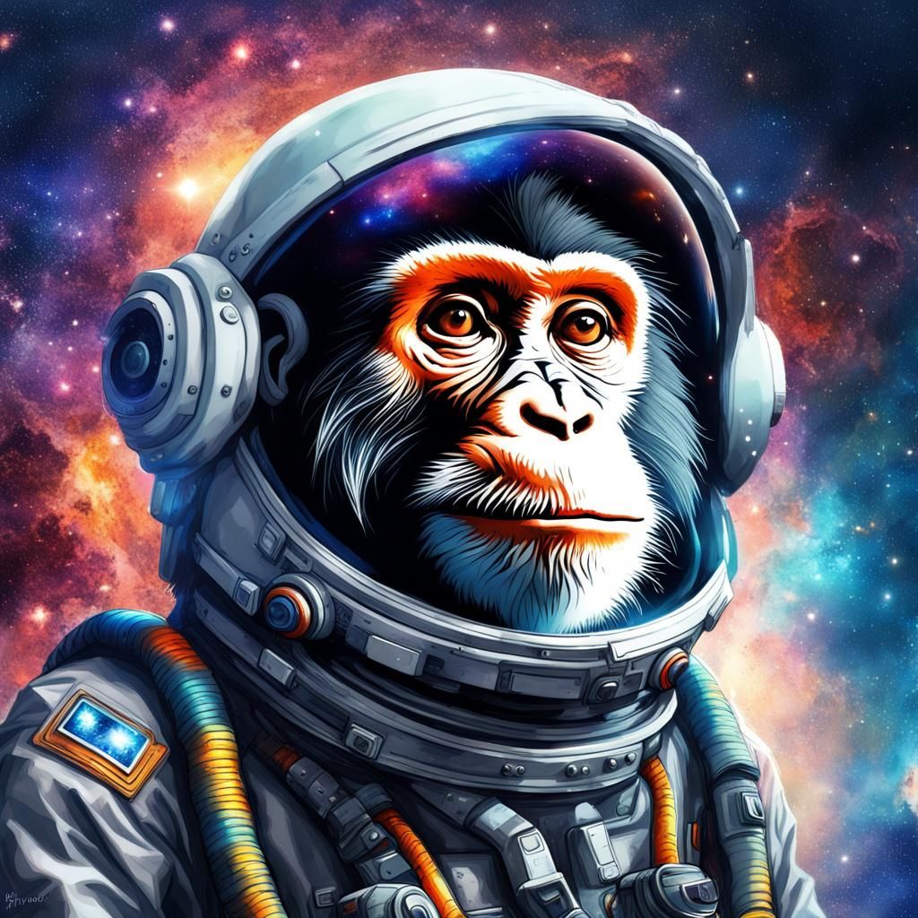 Monkey Space Commander in Surreal Watercolor Galaxy