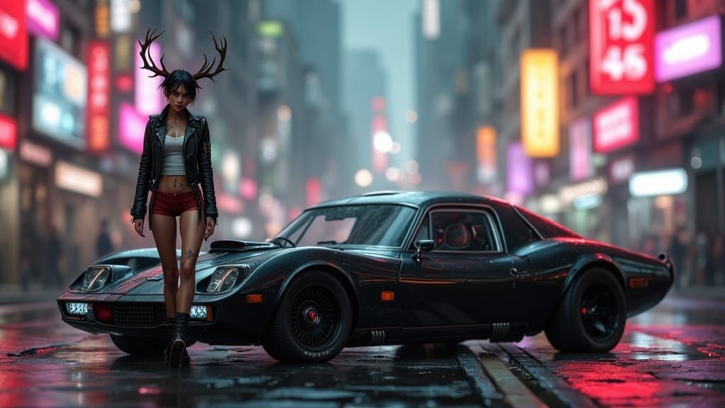 Cyberpunk Character Backdoor with Futuristic Hovercar