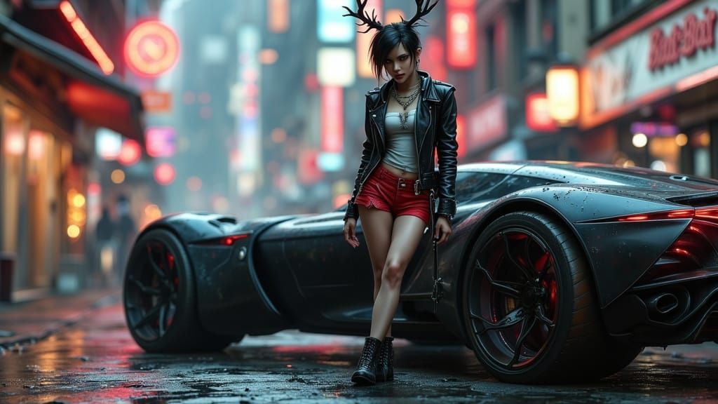 Cyberpunk Character Backdoor With Hovercar in Neon City